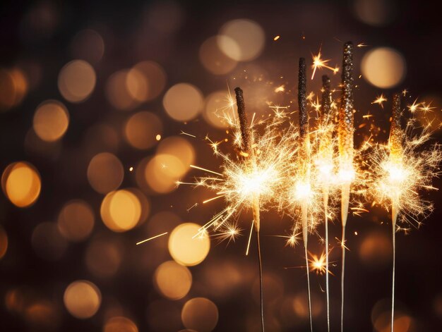 Burning Christmas sparkler lights on dark bokeh background