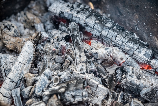 Burning coals close up, background top view