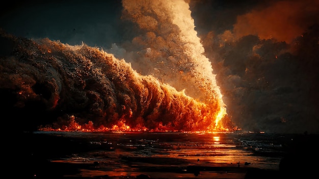 Burning Comet Fell Into Ocean Apocalyptic Scene with Huge Explosion Background