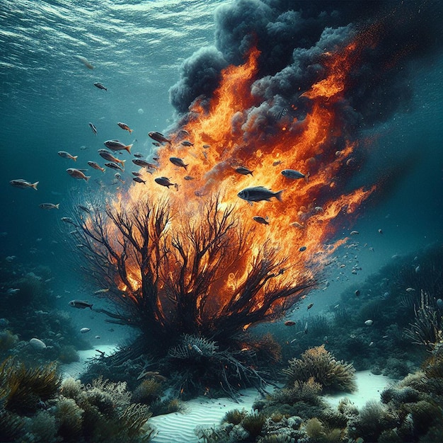 Burning coral in the sea Fire in the ocean 3d render