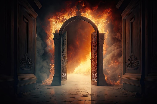 Burning corridor in flames and smoke with gate to hell