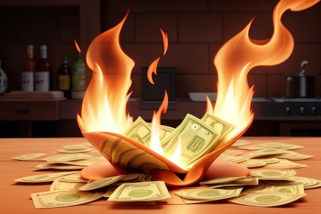 burning dollar bills on wooden table