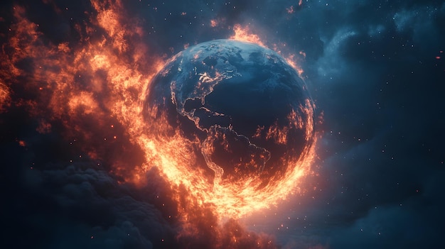 A burning Earth engulfed in flames against a dark starry background