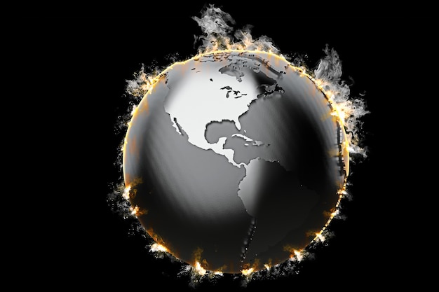 Burning Earth globe on dark background