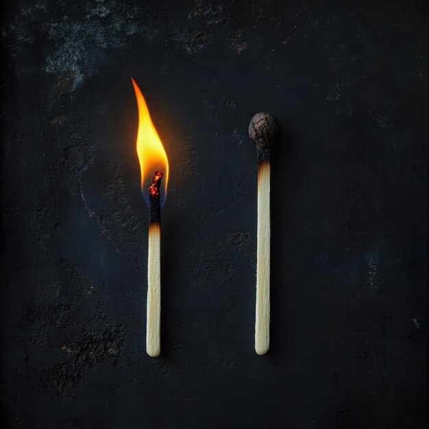 Photo burning and extinguished matchsticks on black background concept of life change and opportunity