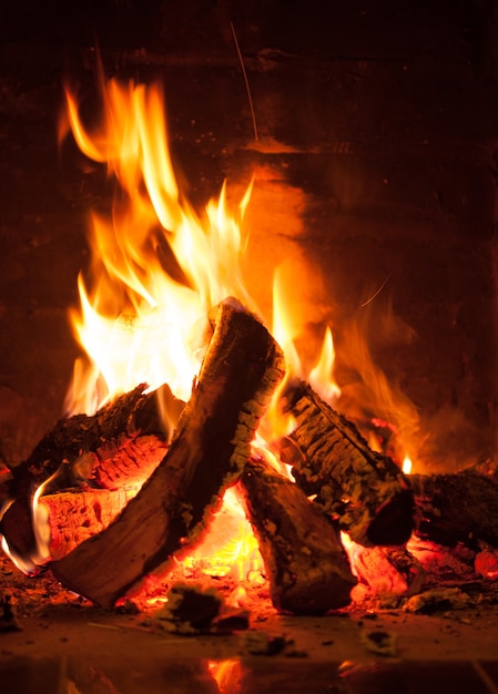 Burning fire in the brick fireplace, close up