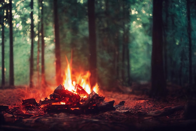 Burning fire in the forest. Beautiful landscape of nature. and trees. Sparks and flames.