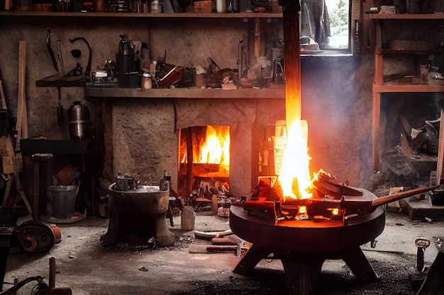 Burning fire in old forge with various objects and anvil