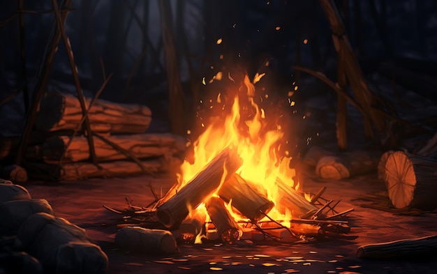 Burning firewood in a campfire closeup