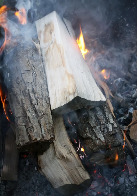 Burning firewood in the fireplace at evening in the rural yard.