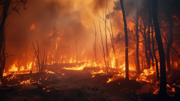 burning forest fire destroys natural environment and land