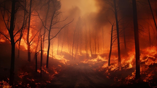 burning forest fire destroys natural environment and land