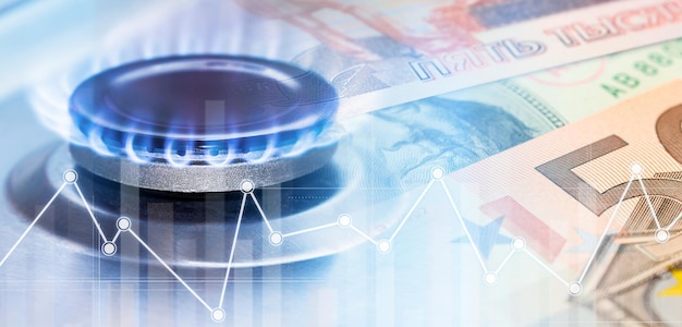 Burning gas burner charts and paper banknotes double exposure natural gas charges