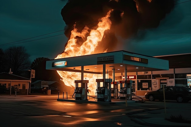 Burning gas station with flames engulfing the pumps and sending plumes of smoke into the air Generative AI