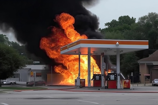 Burning gas station with flames engulfing the pumps and sending plumes of smoke into the air Generative AI