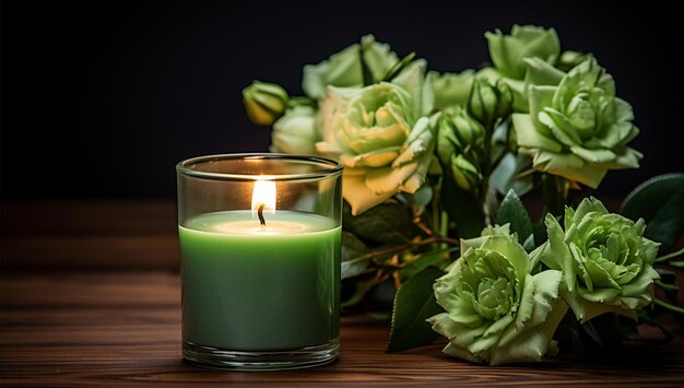 burning green color candle with white and green flowers