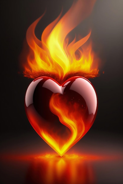 A burning heart is on fire with a black background