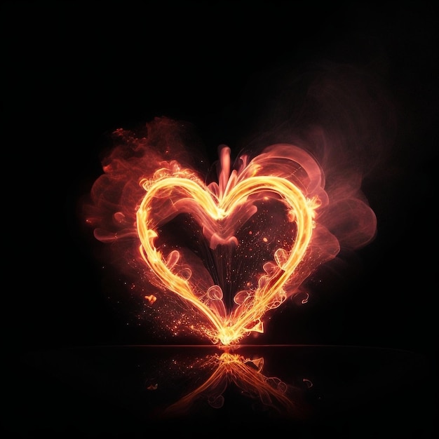 A burning heart made of fire is lit up with flames