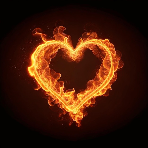 A burning heart made of fire is lit up with flames