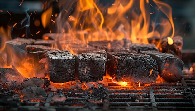 Burning hot coals in fire with flames