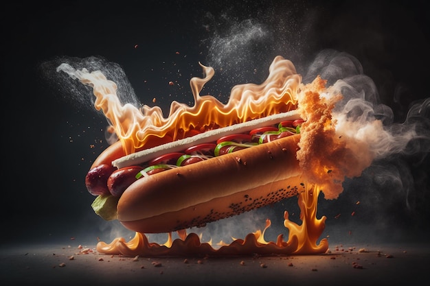 Burning hotdog on a black background