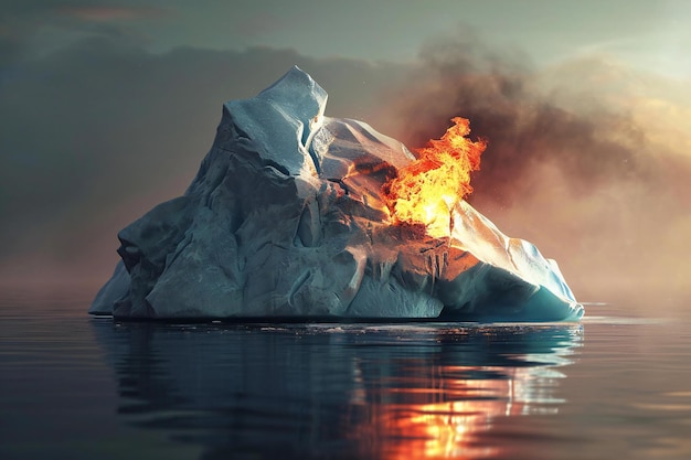 Burning iceberg in the ocean Global warming concept