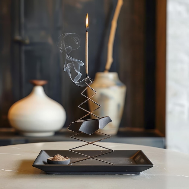 Photo burning incense sticks on a black tray on a marble table