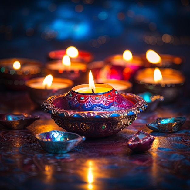 Photo burning indian diya lamps with golden ornament on dark blue background