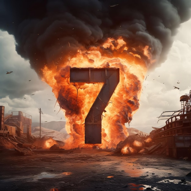 Photo burning industrial building with number 7 3d render illustration