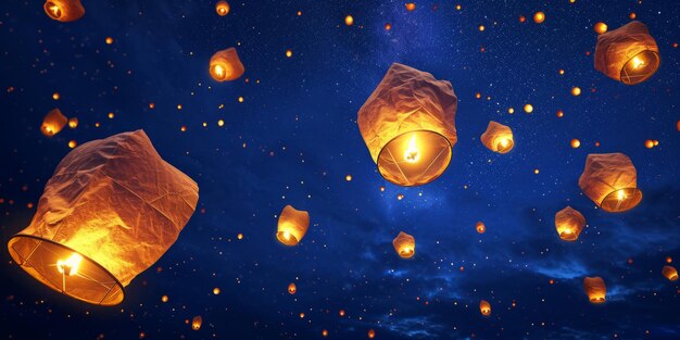 burning lanterns flying into the sky Generative AI