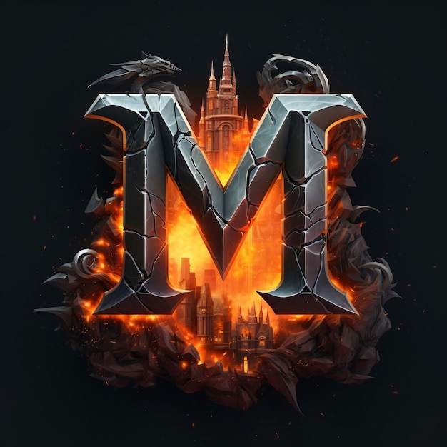 Burning letter M in the shape of a city on a dark background