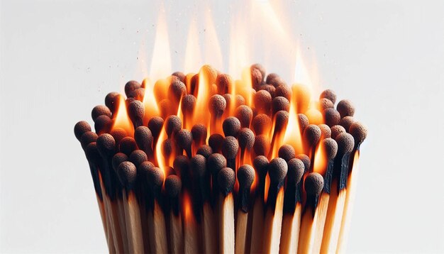 Photo burning matches with smoke against a white background