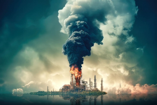 A burning oil refinery spews black smoke into the sky polluting the air and water highlighting the environmental damage caused by resource extraction