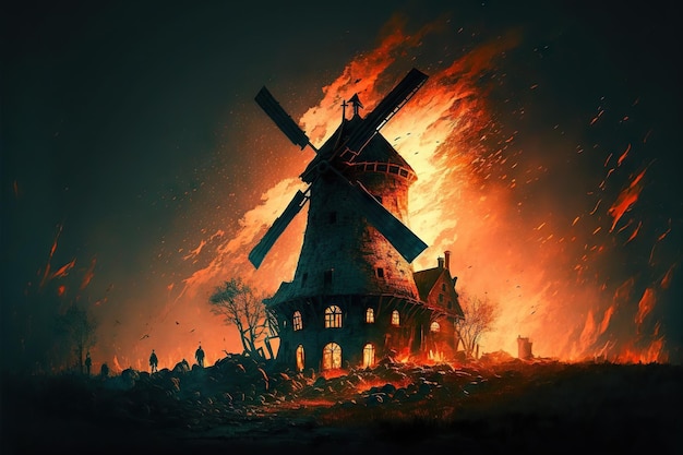 Burning old windmill on fire at night created with generative ai