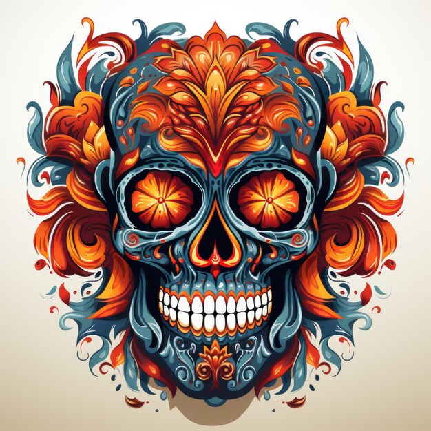 Burning Passion Vibrant Mexican Skull Engulfed in Flames on a Serene White Canvas