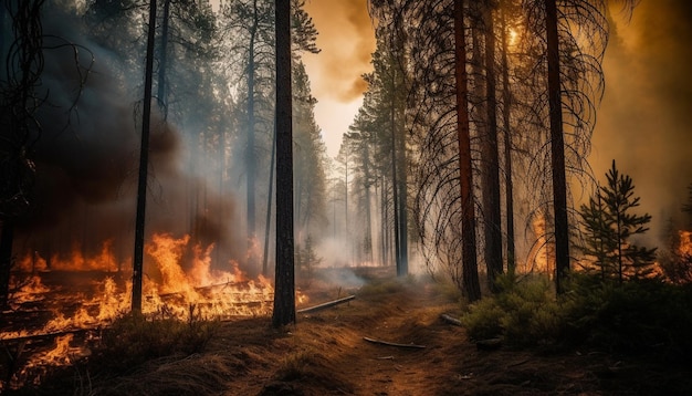 Burning pine tree illuminates dark forest in fiery inferno generated by AI