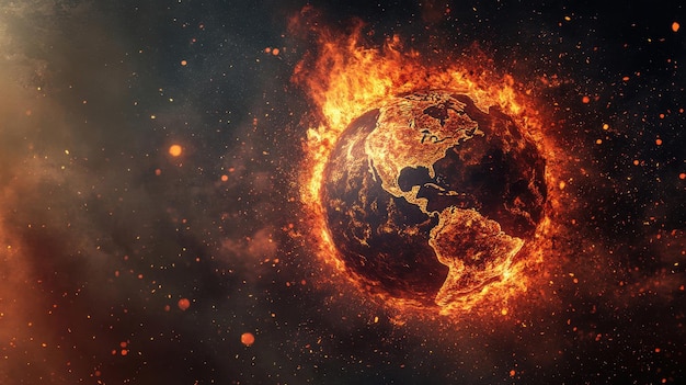 Burning planet Earth surrounded by flames in a dark cosmic environment