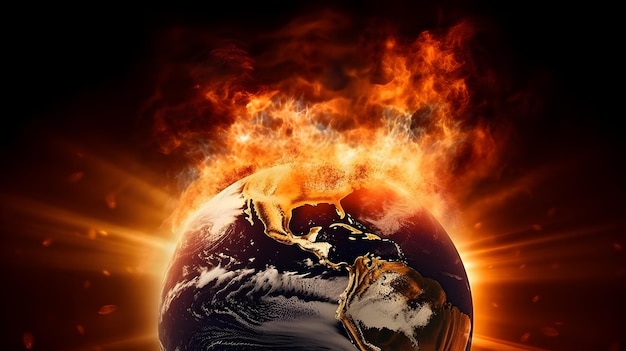 A burning planet is shown with flames and the words earth is burning.