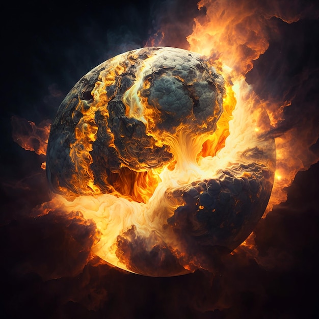 A burning planet is shown with the word fire on it.