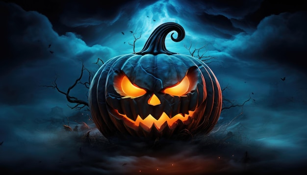 burning pumpkin In Forest At Night Halloween Background