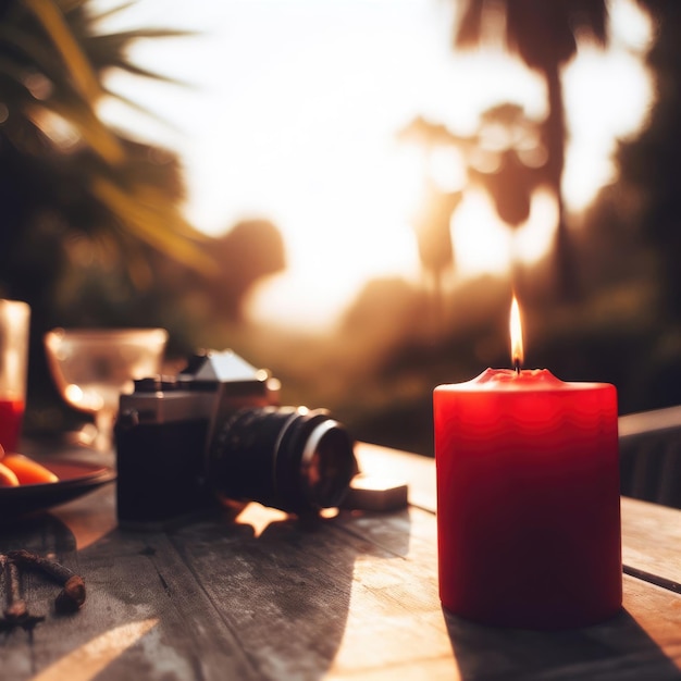 burning red candle on a wooden table background for social media proects