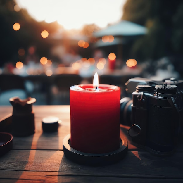 burning red candle on a wooden table background for social media proects