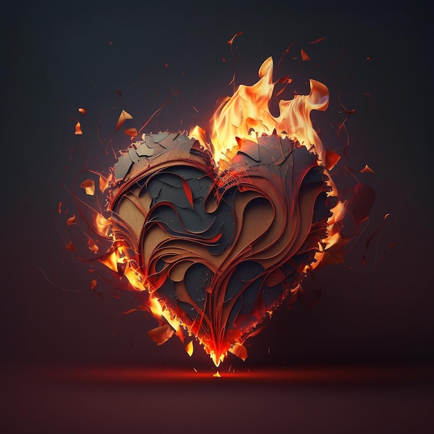 Burning red paper heart on a dark background