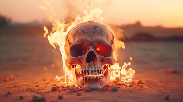 burning skull at desert