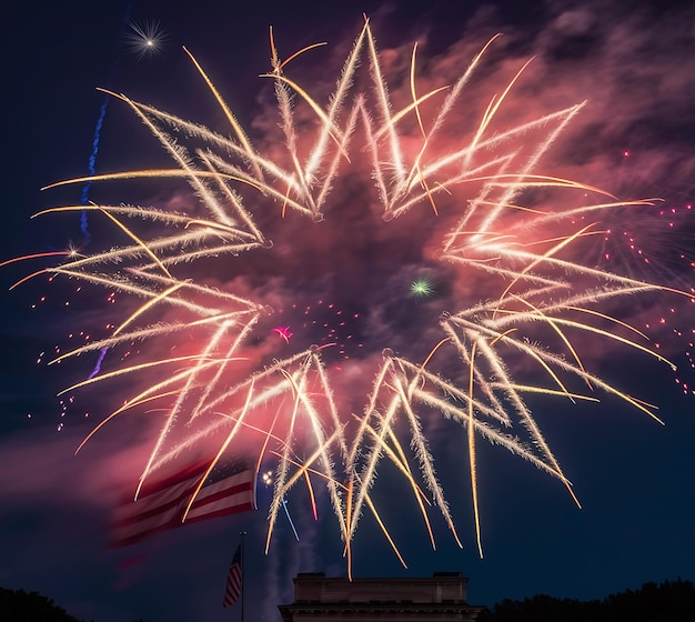 Burning sparkler on cupcake against defocused usa flag