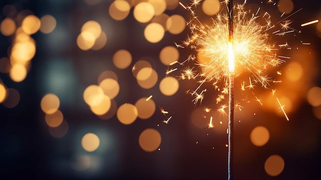 Burning sparkler with bokeh light on dark background