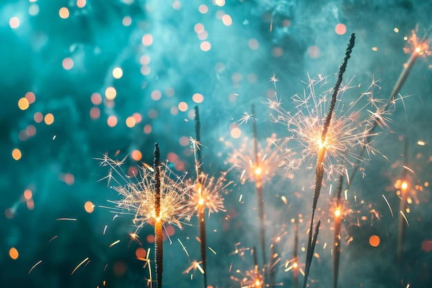 Burning sparklers on bokeh background New Years Eve