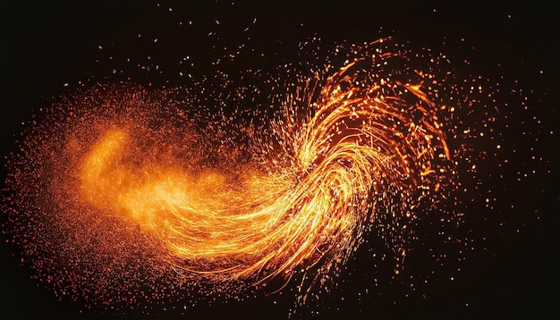 Burning sparks flying Beautiful flames Fiery orange glowing flying away particles on black Bg