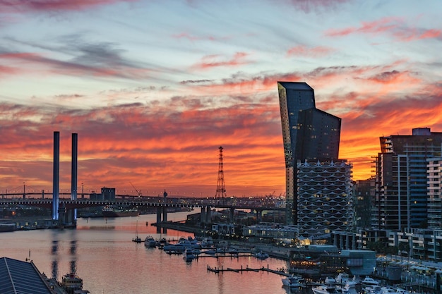 Burning sunset over melbourne southbank