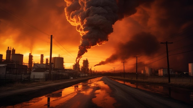 burning sunset over polluted industrial landscape danger